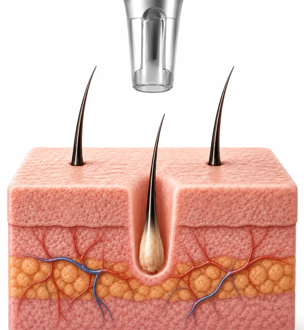 Skin cross-section: FUE extraction of one follicular unit