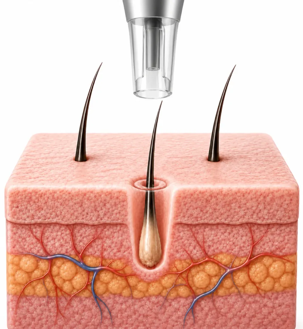 Skin cross-section: FUE extraction of one follicular unit