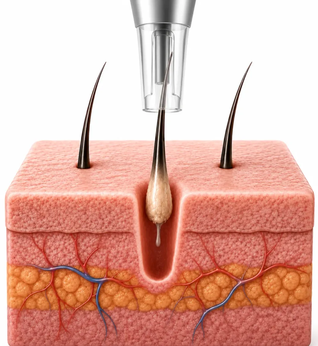 Skin cross-section: FUE extraction of one follicular unit