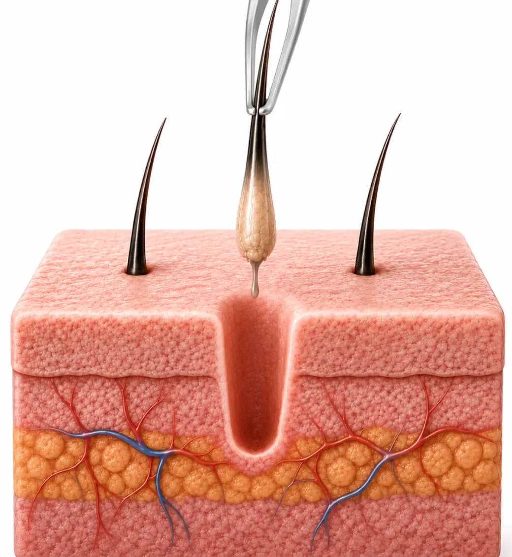 Skin cross-section: FUE extraction of one follicular unit