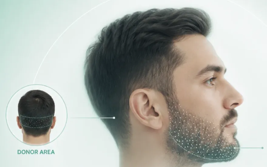 Donor area at the back of the scalp and the implantation zones on the cheeks and jawline