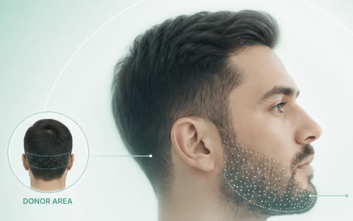 Donor area at the back of the scalp and the implantation zones on the cheeks and jawline