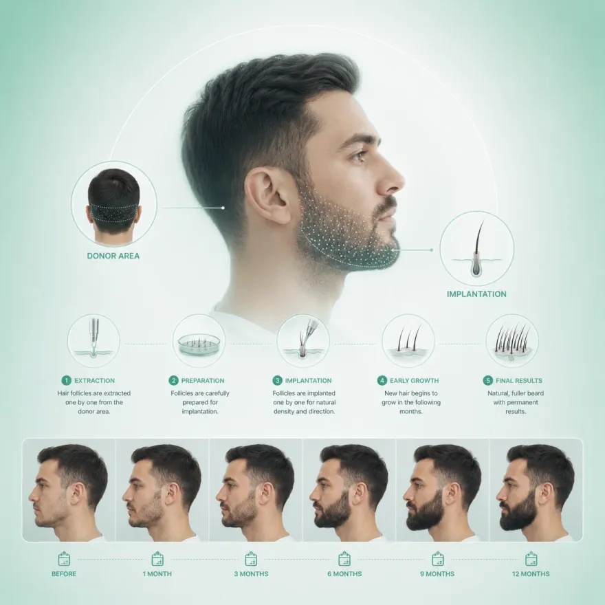 Beard transplant: donor area, extraction to implantation, and growth from before to 12 months