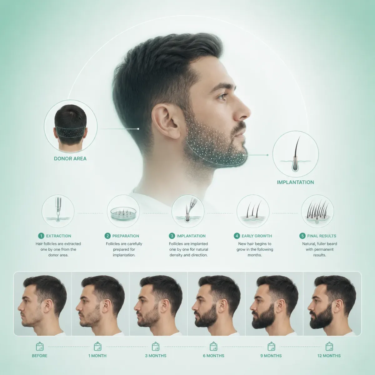 Beard transplant: donor area, extraction to implantation, and growth from before to 12 months