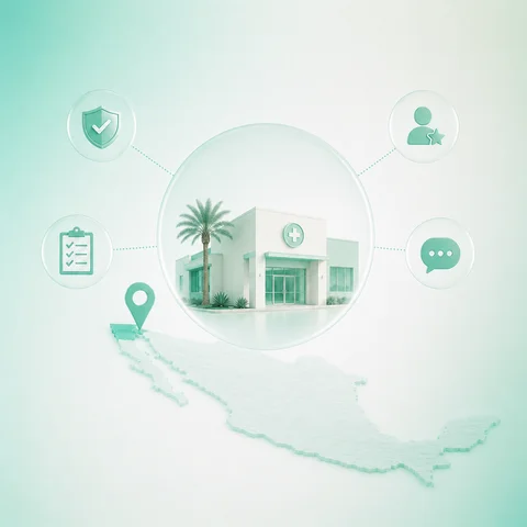 A clinic in Mexico surrounded by a checklist of what to verify