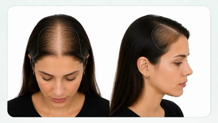 Grade I-2, top of the scalp with a visibly wider part line