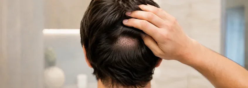 Donor area of a no-shave FUE patient on day one, with the extraction zone hidden under longer hair