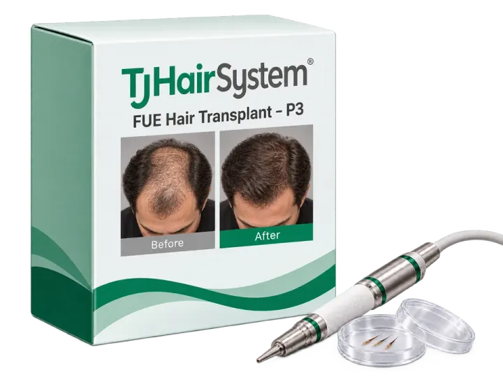 FUE hair transplant package box with before and after photos and an extraction handpiece