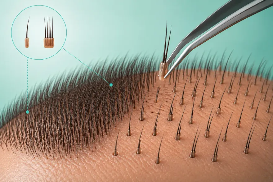 Forceps placing an individual follicular graft, with an inset comparing single-hair and multi-hair grafts