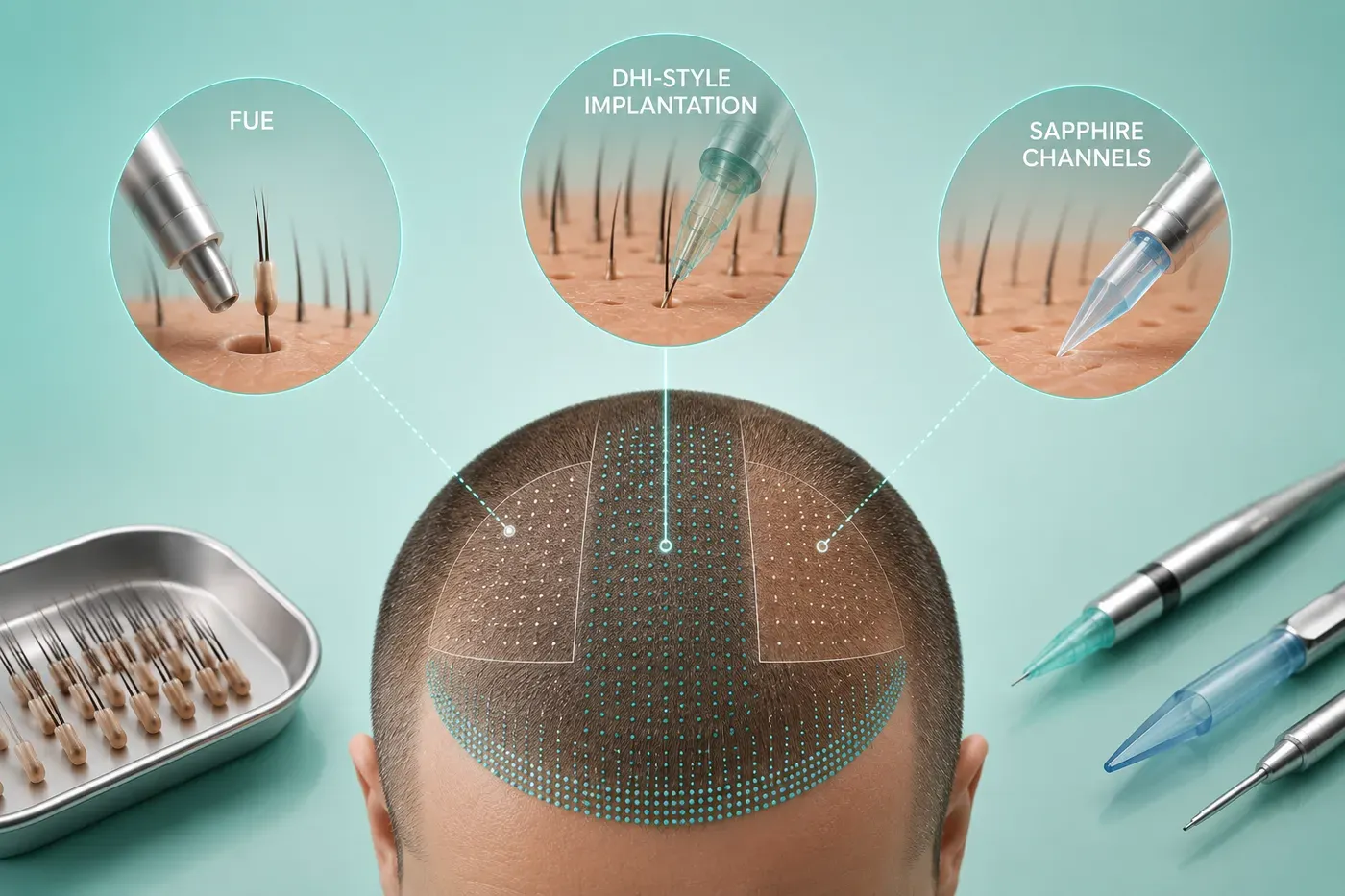 Diagram of a head with three technique call-outs for FUE, DHI-style implantation and Sapphire channels