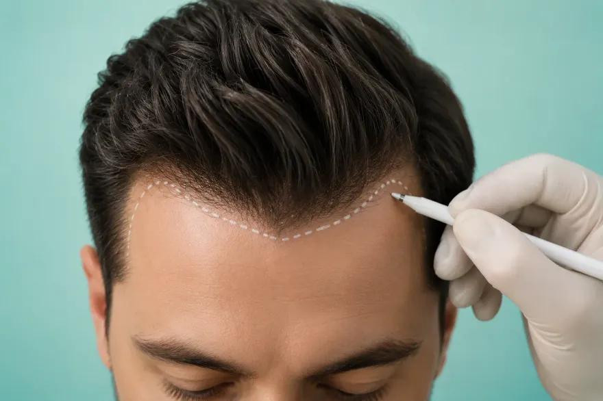 Clinician drawing a planned hairline on a patient with a surgical marker