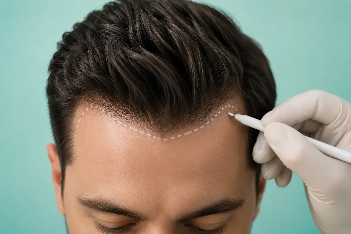 Clinician drawing a planned hairline on a patient with a surgical marker