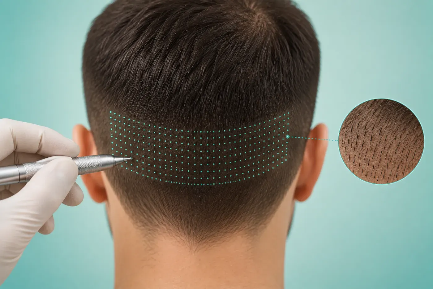 Back of a patient head showing the marked donor zone, with a magnified view of follicles