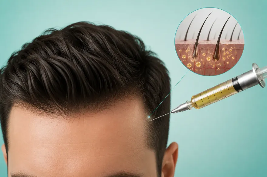 Regenerative injection near the hairline with a magnified cross-section of a follicle in skin