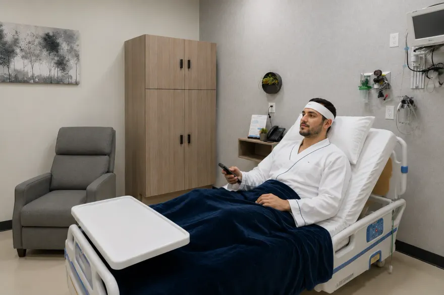 Patient resting comfortably in a supervised clinical recovery room after the procedure