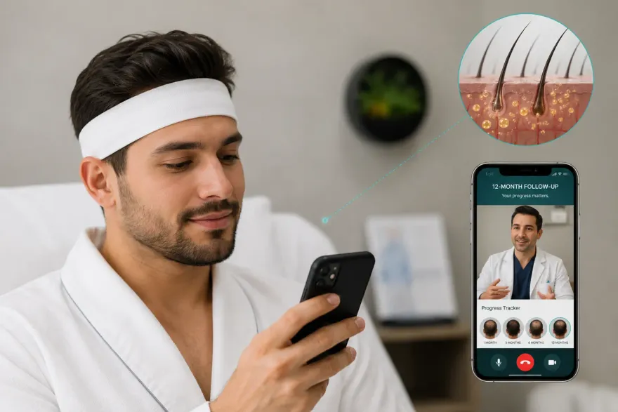 Patient reviewing a 12-month progress-tracking app with their physician on a video call