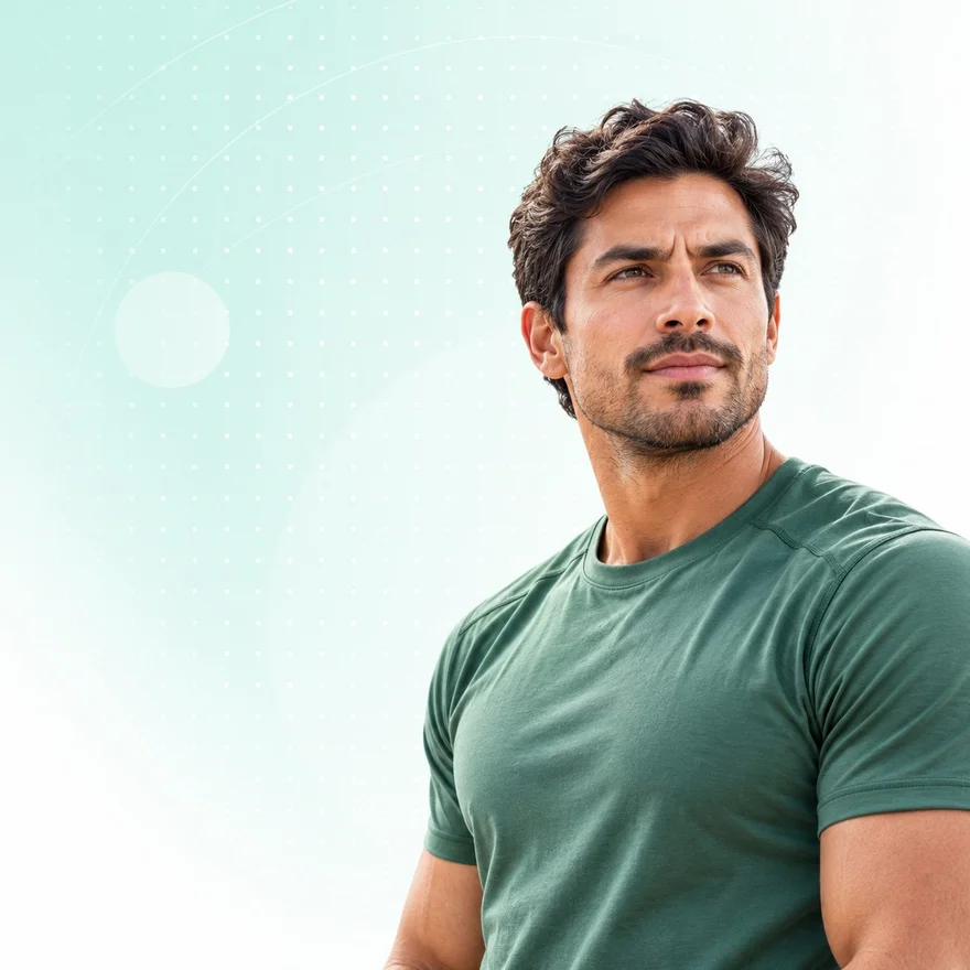 Man with textured dark hair in a green athletic shirt